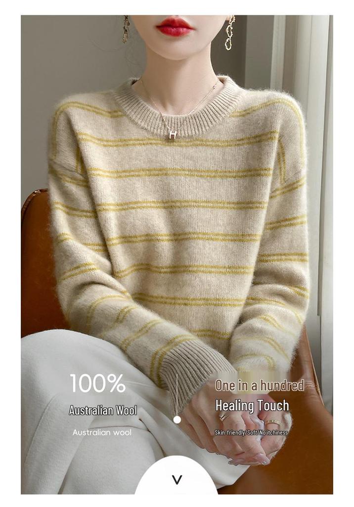 2024 Autumn/Winter Pure Wool Striped Round Neck Sweater - Relaxed, Versatile Fashion for Commuting