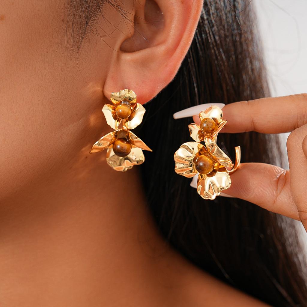 18K Äkta Guldpläterade Tigeröga Blomma Geometriska C-formade Silvernålshängen Maillard Vintage Örhängen