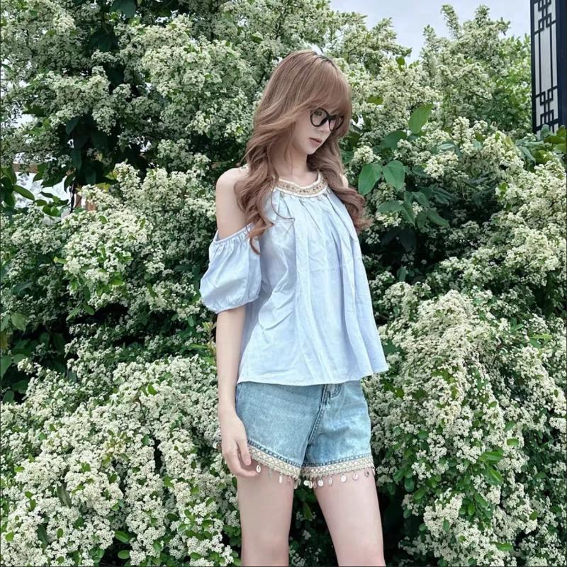 Beach Holiday Blue Blouse Women Off Shoulder Loose Top with Beads Round Neck