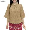ZANZEA Women Casual Round Neck 3/4 Sleeve Lace Crochet Patchwork Loose Blouse