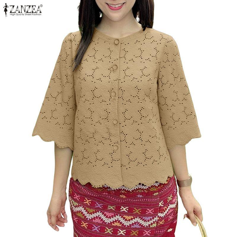 ZANZEA Women Casual Round Neck 3/4 Sleeve Lace Crochet Patchwork Loose Blouse