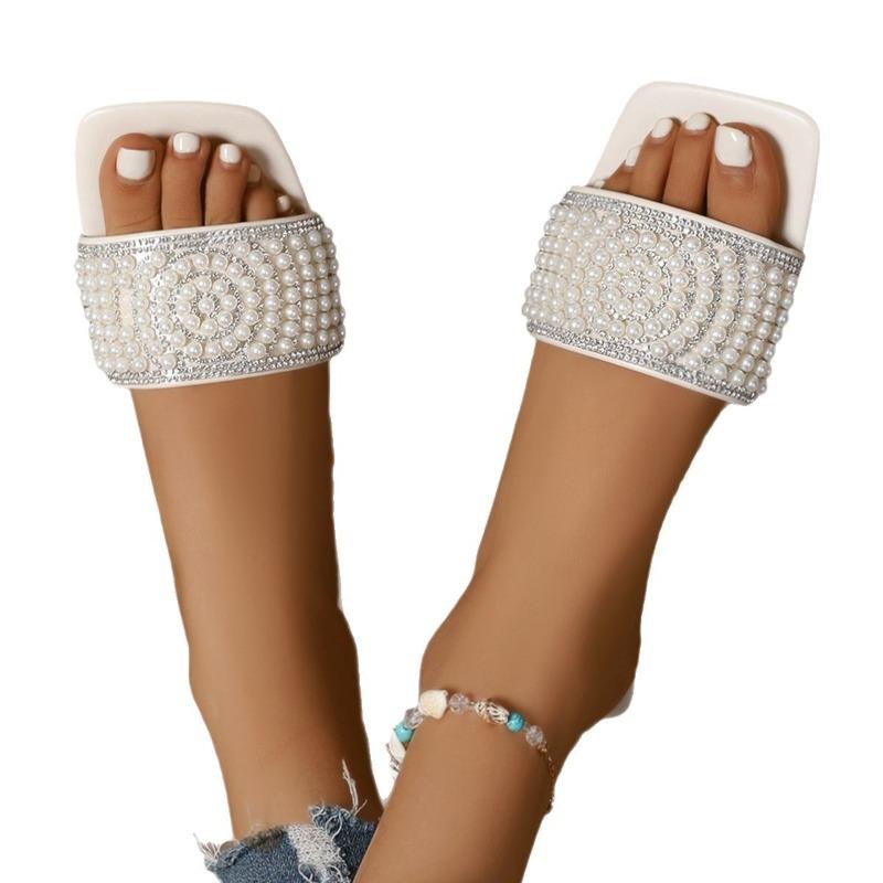 Women's Wide Width Beaded Slides - Square Toe Crystal Embellished Flat Sandals, Lightweight Beach Thongs