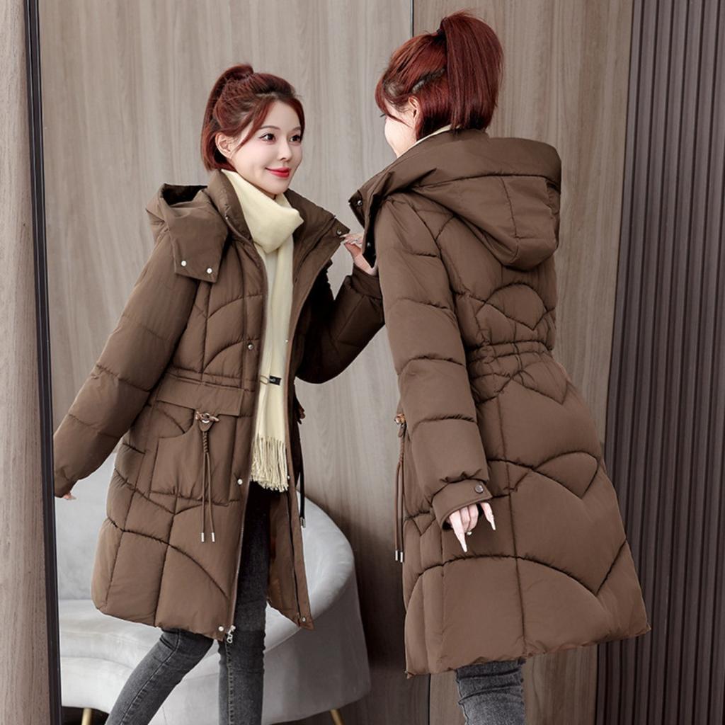 Women's Down Coats - Winter Women's Mid-length Waist Cinched Thickened Warm Cotton Padded Jacket Casual Outwear