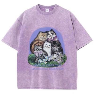 Womans Cotton Washed T-Shirts Five Different Breeds Of Cats Prints Short Sleeve O-Neck Soft Distressed Female Clothes