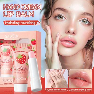 Strawberry Nourishing Hand Cream and Lip Balm Set for Autumn and Winter Season, Moisturizing Lipstick and Hand Cream for Women