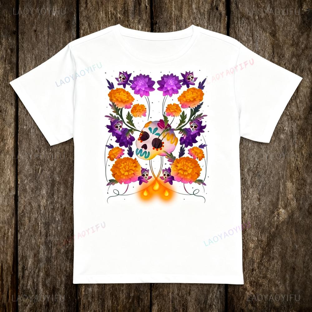 Футболка День Мертвых с изображением Черепа и Цветов Бархатцев, Графическая Футболка, Сувенир с Мексиканского Традиционного Фестиваля, Топы, Женские Повседневные Футболки S