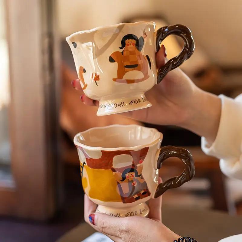 Vintage Umělecký Keramický Hrnek s Vysokou Estetickou Hodnotou pro Domácí Použití Hrnek na Pití Vody pro Dívky Roztomilé Hrnky Kávové Hrnky Hrnky