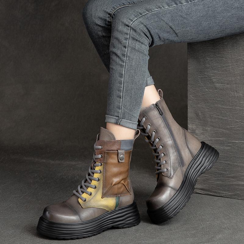 Fashion GKTINOO Handmade Boots Women Genuine Leather Round Toe Lace-up Zipper Platform Thick-soled Mid-calf Boots Retro Zapatos Mujer