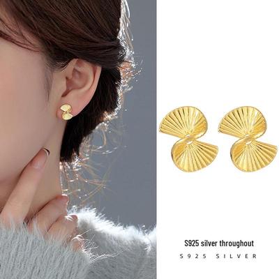 Boucles d'oreilles Éventail Origami en Argent S925 Plaqué Or - Boucles d'oreilles Haut de Gamme à Arc Irrégulier pour Femmes pour l'Automne et l'Hiver.
