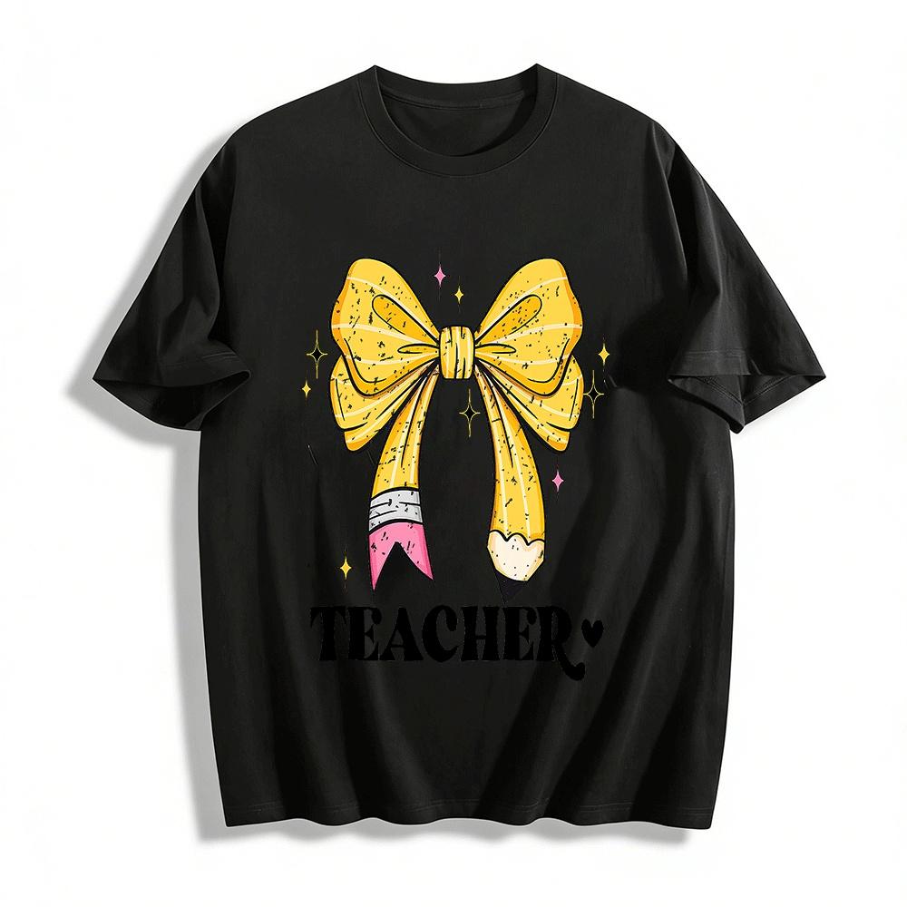 Cute Pencil Bow Print Teacher Themed Casual Top Pure cotton T-shirt
