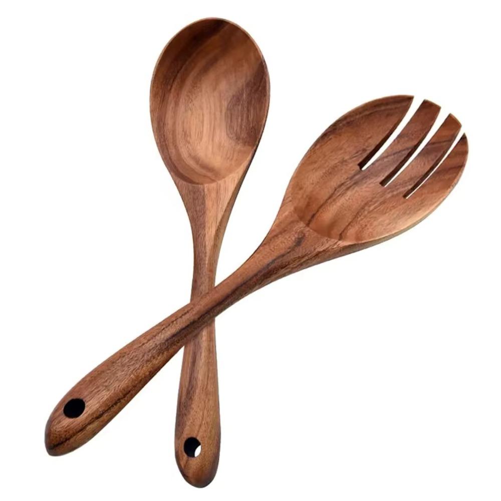 2Pcs Wooden Spoon Kitchen Soup Spoon Cooking Serving Spoons Long Handle Salad Spoon Fork for Mixing Tossing Household Tableware4