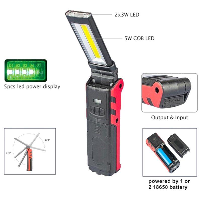 Super Bright COB LED Working Light USB Rechargeable Dimmable Flashlight 18650 Battery with Magnetic &Hook