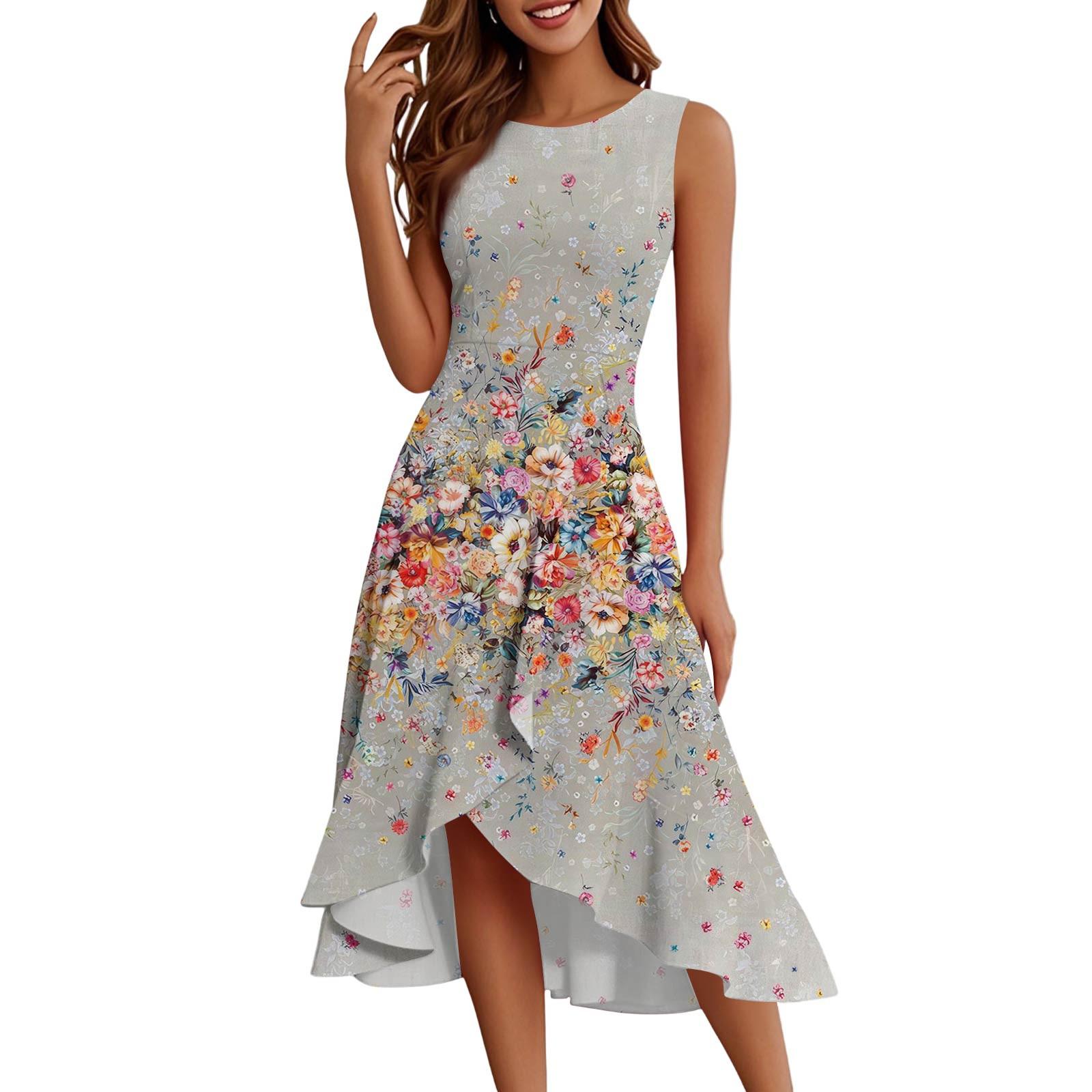 

Жіночі модні повсякденні сукні без рукавів із круглим вирізом із принтом і темпераментом із рюшами L хакі