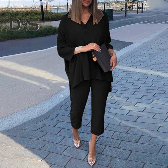 

Женский комплект из 2 шт./компл., комплект из топа и брюк, однотонный, мягкий, с v-образным вырезом, свободный, с рукавами три четверти, неровный подол, широкие брюки, девятые брюки для поездок на работу, осенний наряд для леди M чёрный