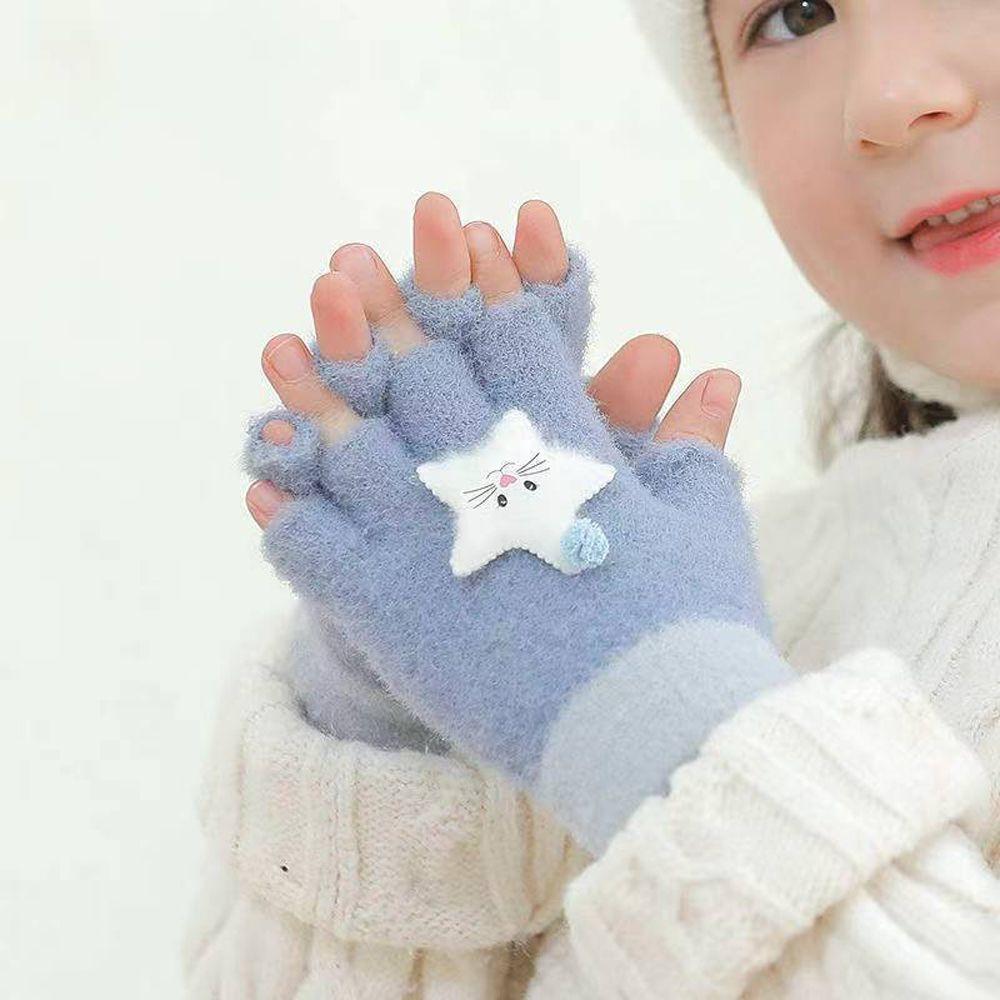 Cute Thicken Half Finger Knitted Cat Star Kids Outdoor Gloves Korean Mittens Children Winter Gloves