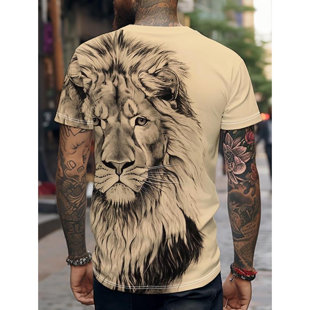 Vintage Lion Shirt Men Fashionable Round Neck Casual Tee Summer Short Sleeve T-Shirt for Men