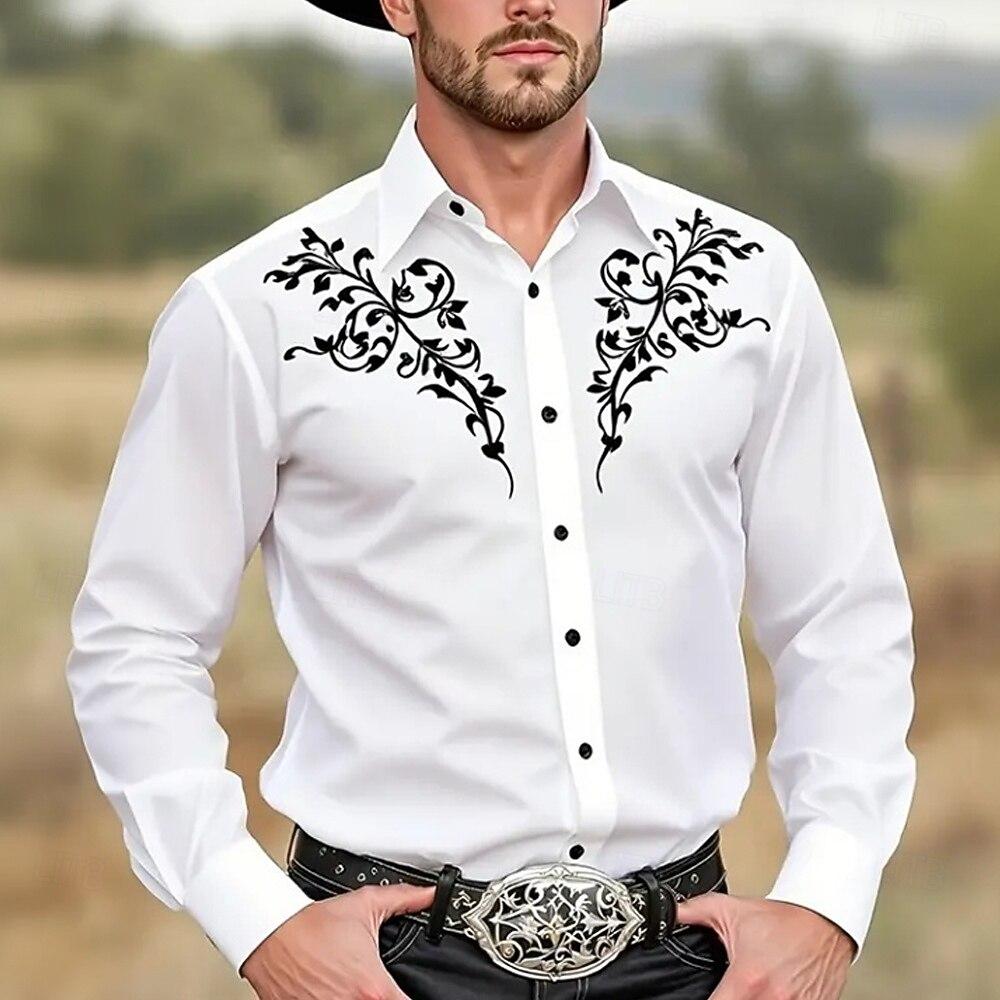 Camicia da Uomo con Stampa Floreale Lavorazione Etnica Camicia Western Camicia da Cowboy Manica Lunga Vintage Retrò Vacanza all'Aperto