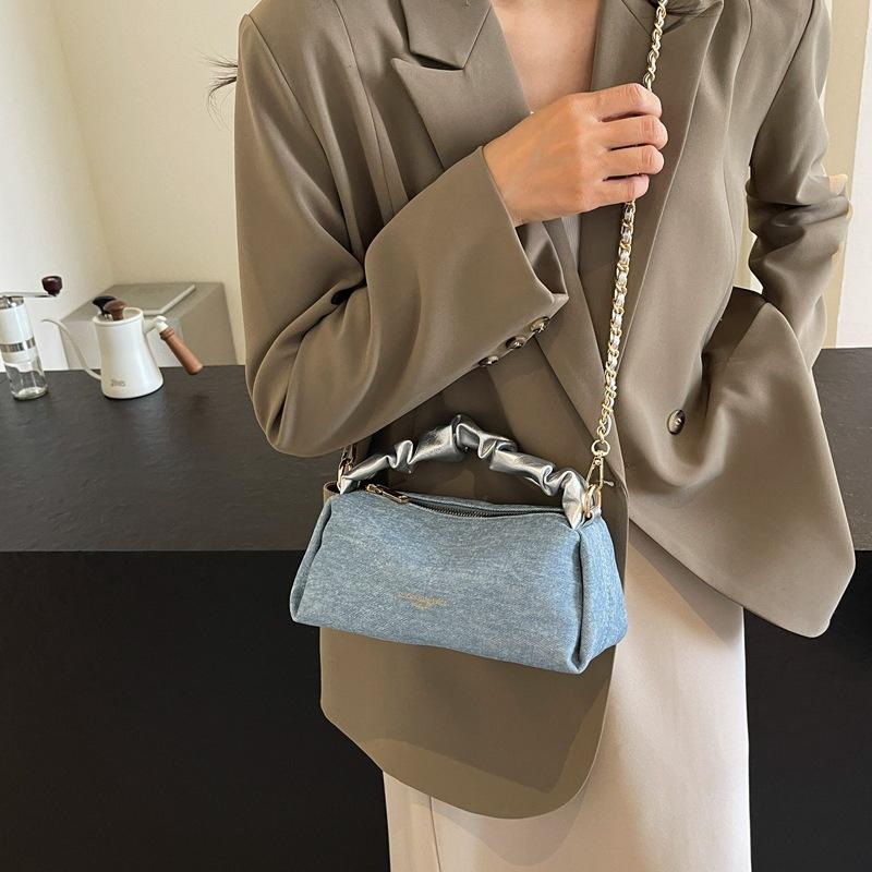 Denim bag women's summer new fashion niche design chain messenger bag pleated portable baguette bag