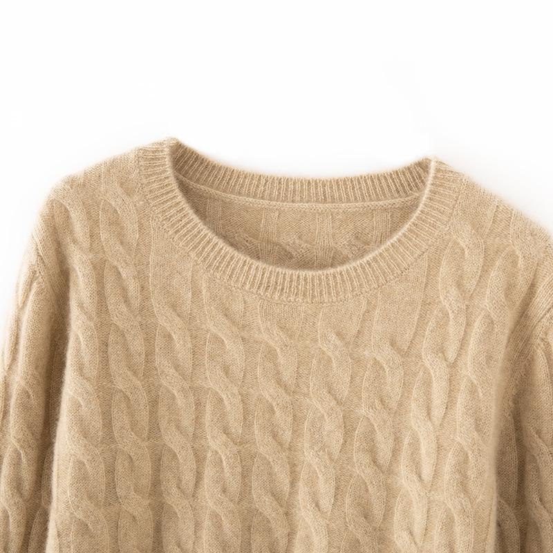 2024 Fall/Winter Women's Cashmere Loose Knit Pullover with Round Neck & Cable Design