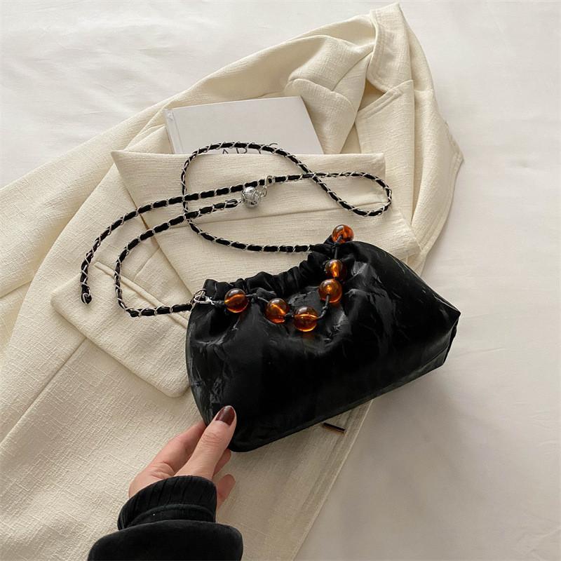 

Stylish Velvet Beaded Chain Bucket Bag For Women In Black Pink White And Gray 2024