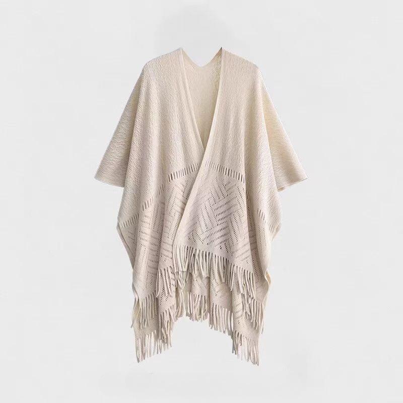 

Large Knitted Shawls for Women Hollowed Pattern Fashionable Shawl with Tassels Spring Autumn Decorative Scarf