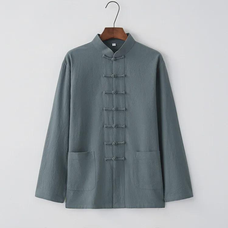 Men's Chinese-Style Tang Suit Cotton-Linen Top: Long-Sleeve Hanfu Shirt for Youth, Middle-Aged, and Elderly - Spring/Autumn Traditional Jacket