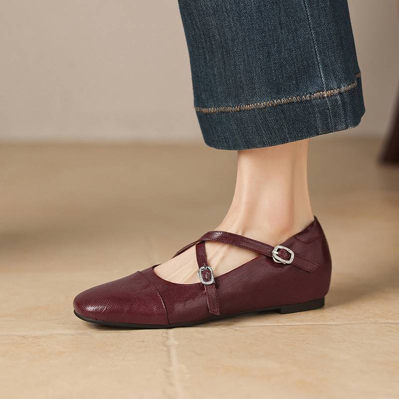 Krazing Pot Sheepskin Round Toe Thick Low Heels Spring Shoes Buckle Big Size 42 Women Mary Janes Pumps
