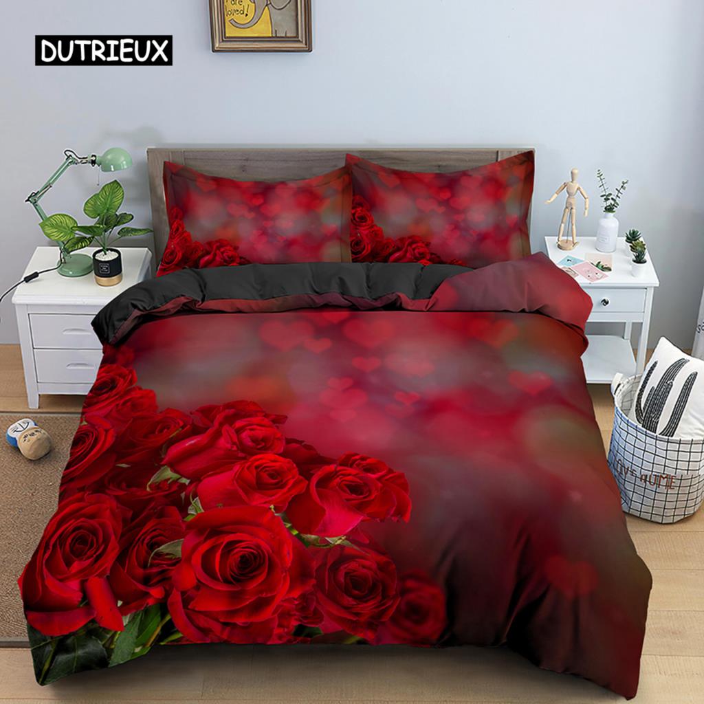 Valentine's Day Wedding Bedding Set 2/3 Pcs Luxurious Rose Love Heart Duvet Cover King Microfiber 3D Red Rose Print Quilt Cover