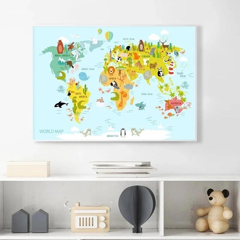 Nursery World Map Poster Stampe Pastello Tema animale Educativo Tela Wall Art Decor Immagini Pittura per la camera dei bambini Decor Art