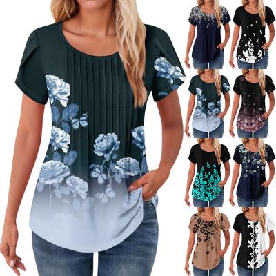 Womens Tops Petal Short Sleeve Summer Round Neck Shirts Floral  Printing Blouses For Women Dressy Casual