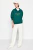 Women's Fashionable Stylish Sweatshirt Emerald Green Shirt Collar Embroidered Regular Fit Thick Inside Fleece Knitted Sweatshirt