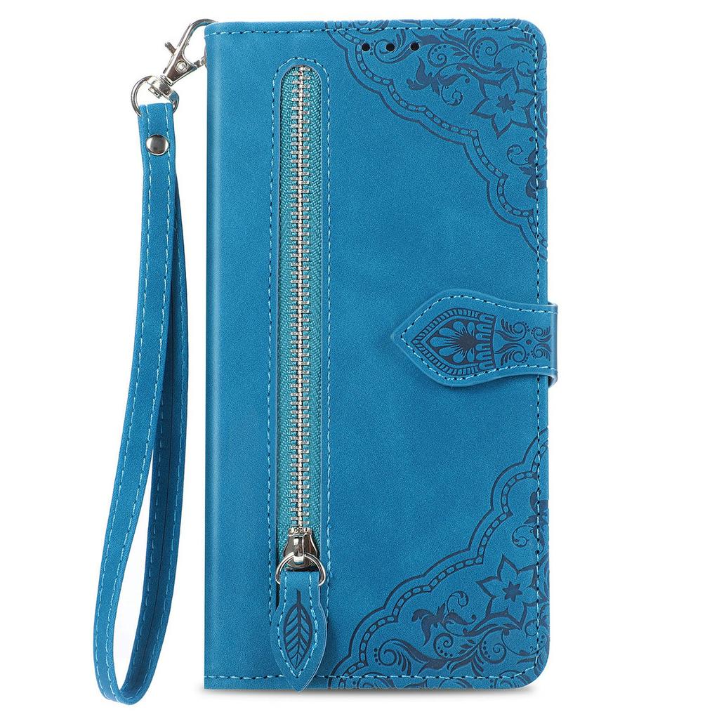 For ZTE Blade A75 4G Zipper Wallet Case with Strap Flower Imprint PU Leather Phone Cover