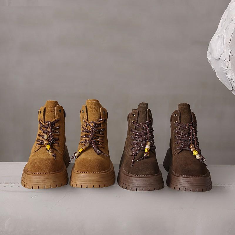 Fashion Boots Autumn New Round Toe Suede Lace-up Platform Non-slip Wear-resistant Square Heel Mid-leg Boots