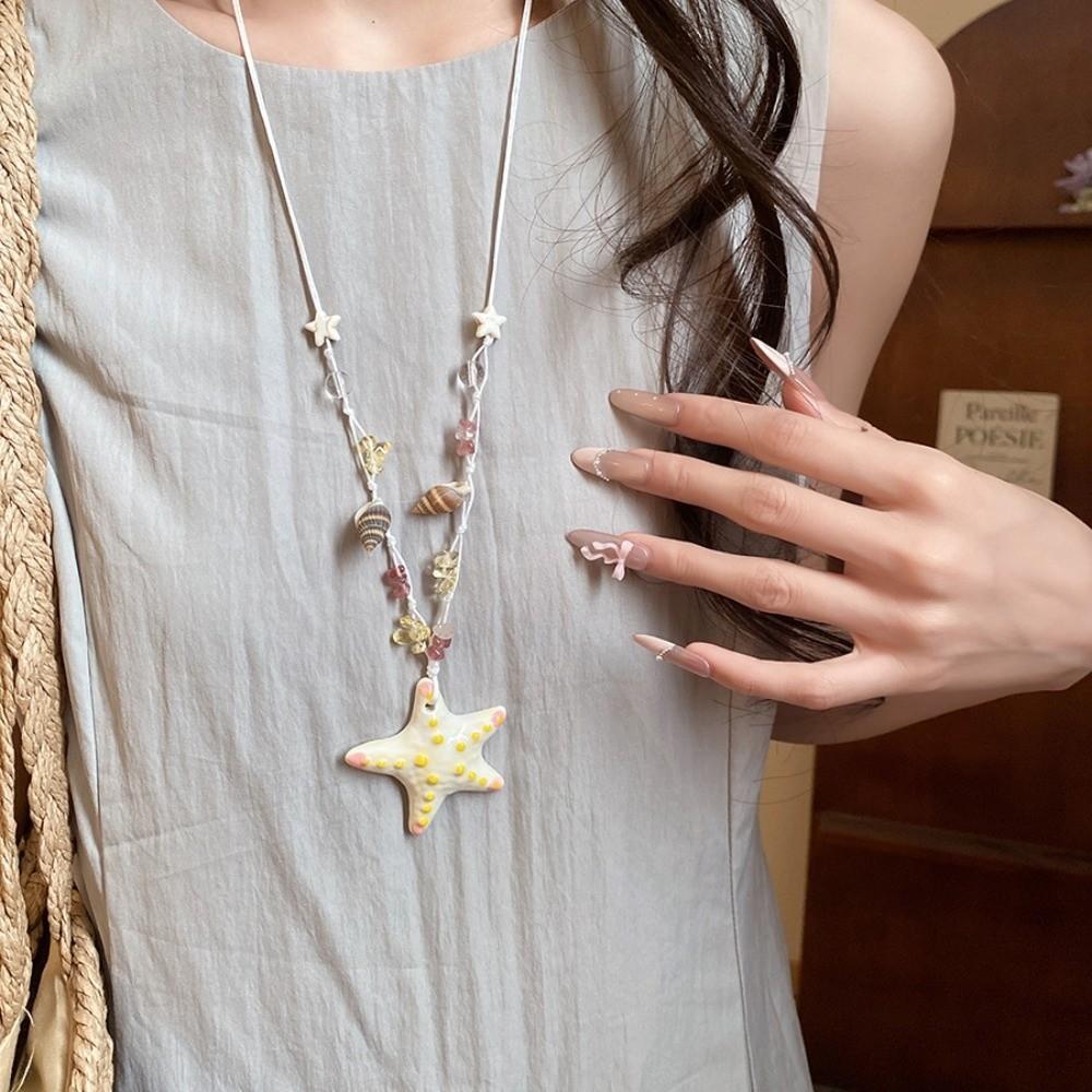 Beach Surfer Starfish Choker Dopamine Bead Summer Clavicle Chain Starfish Shell Necklace  Vacation