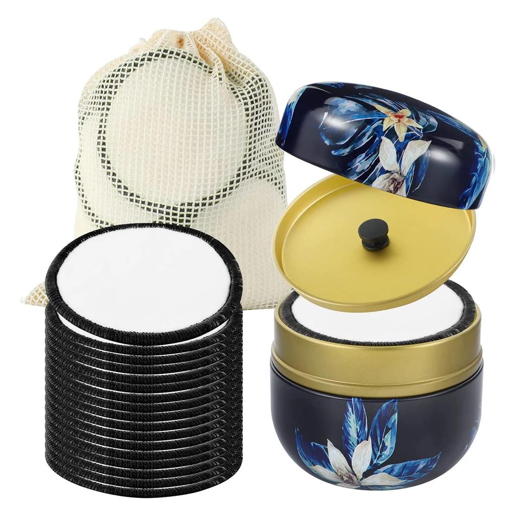 16Pcs/set Bamboo Makeup Remover Reusable Facial Pad Washable Face Round Cotton With Laundry Net Bag And Fashionable Metal Box