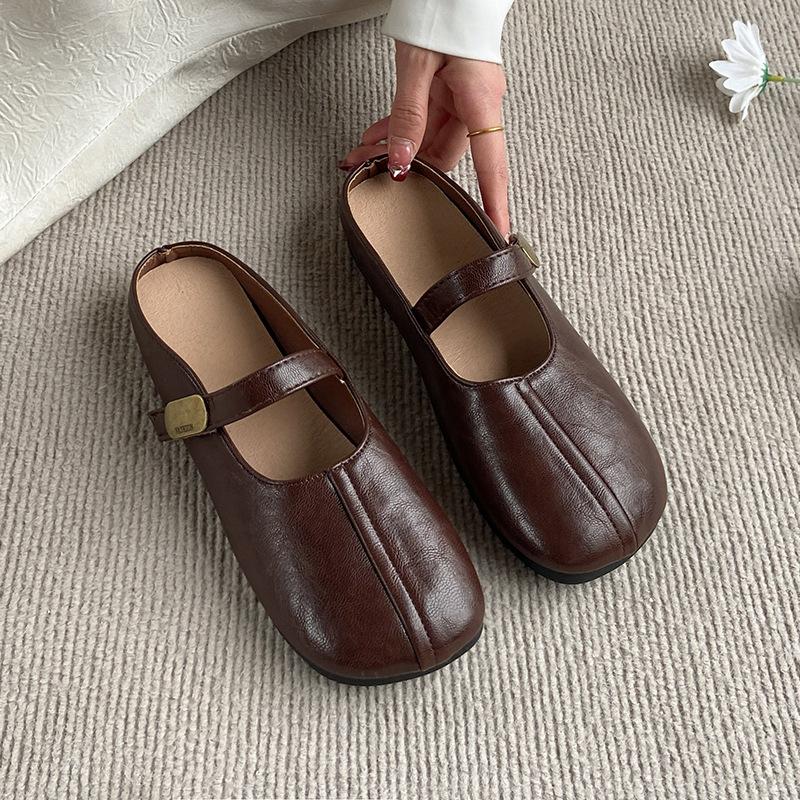 2025 summer new French bag head flat bottom half slippers women's retro outer wear low heel Mary Jane with skirt women's shoes