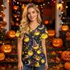 Women's V Neck Short Sleeve Work Top with Pockets Halloween Print Nurse Uniform Scrub Shirt for Healthcare Professionals
