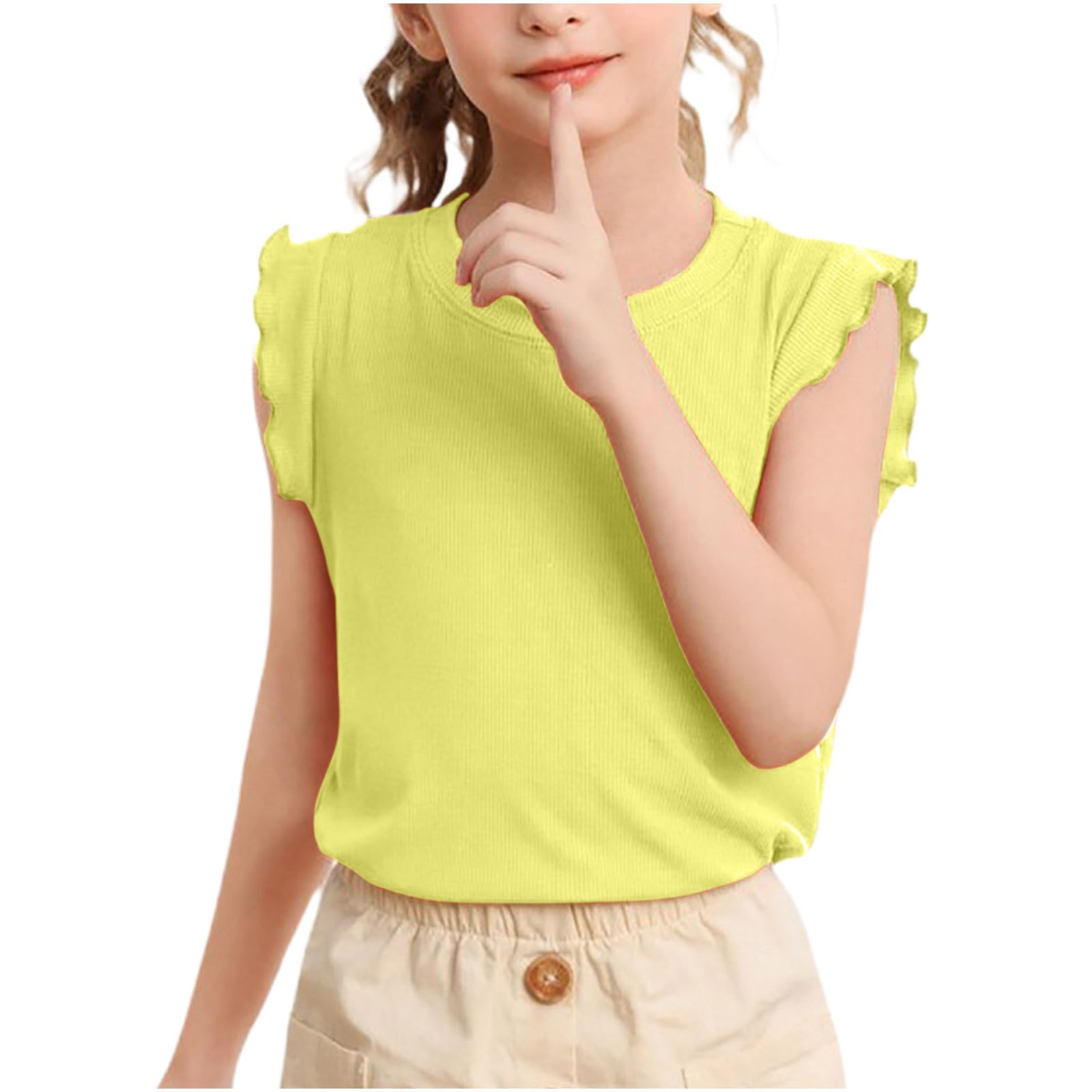 

Girls Ruffle Sleeveless CuteKids Tops Loose Crewneck Pullover Casual Tees 150 жовтий