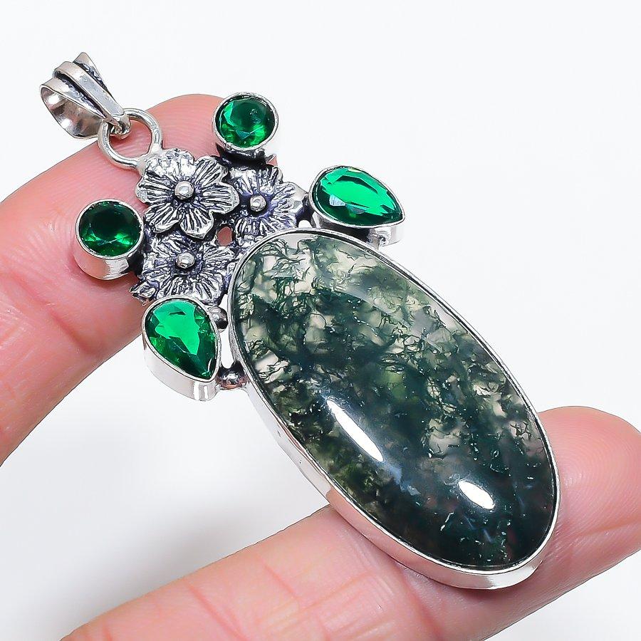 

Натуральный индийский моховой агат, диопсид, кулон из стерлингового серебра 925 пробы 2,76 D6S52