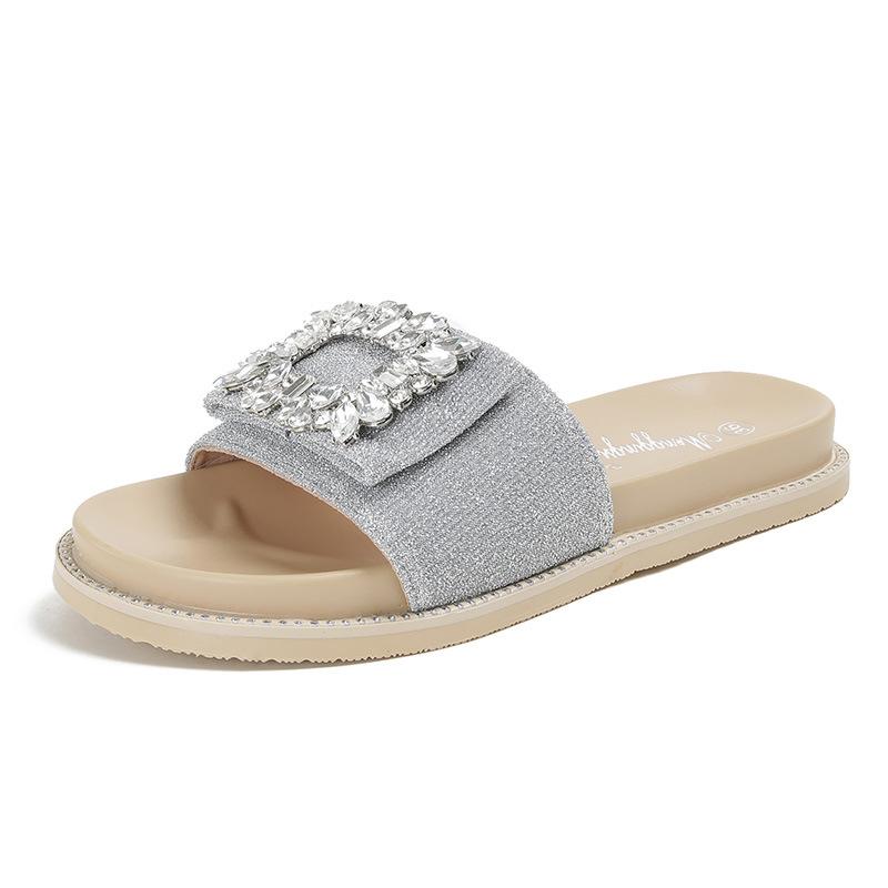 Mode Stora Storlekar 34-43 Kristallspänne Tofflor Kvinna Glitter Tyg Tofflor Utomhus&Hemma Casual Flipflops Dam Slip On Platta Sandaler Femme