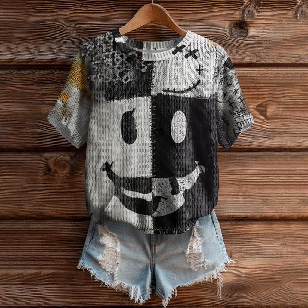 Women's Cute Sweater Knitted Fashion Casual Round-neck Short-sleeved  Cozy Print Top