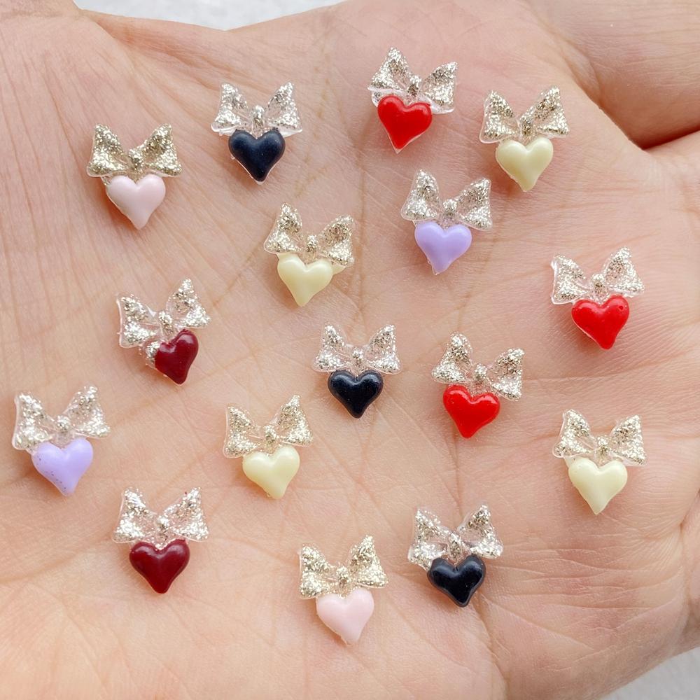 100Pcs Resin 3D Colorful Mini Crystal bow heart-shaped Gems Flatback Figurines Scrapbook Wedding Applique Nail Art Decor Crafts