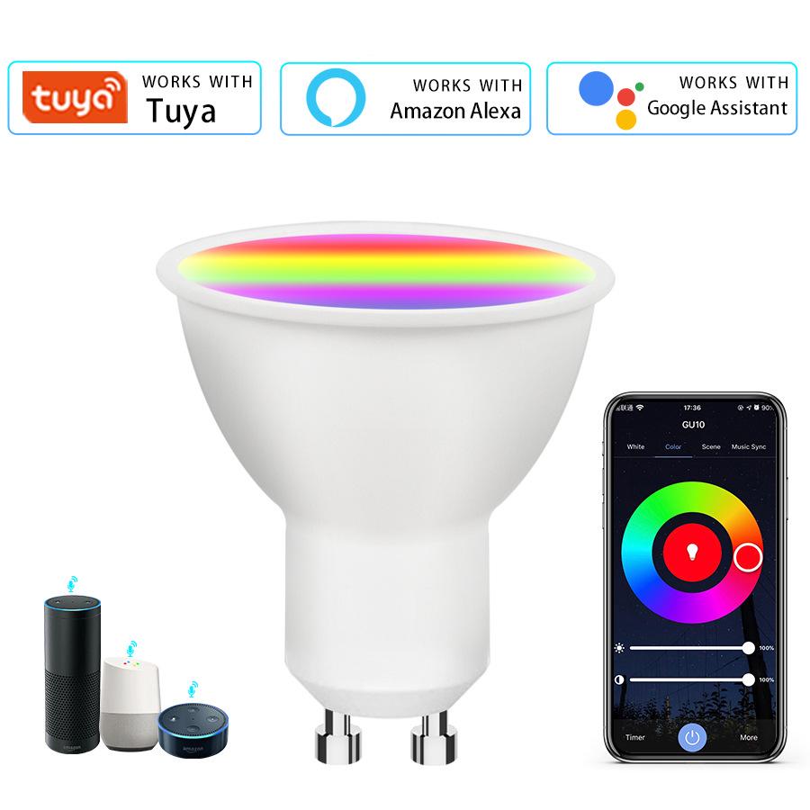 Tuya WiFi Smart GU10 RGBCW Dimmable Spotlight, Voice-Controlled with Alexa Compatibility.
