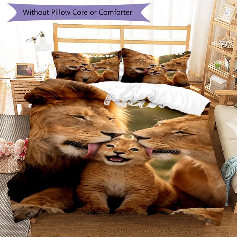 3pcs Custom Name Lion Bedding Set Duvet Cover Closure Includes 1 Duvet Cover & 2 Pillowcases, Soft and Comfortable for All Seasons.