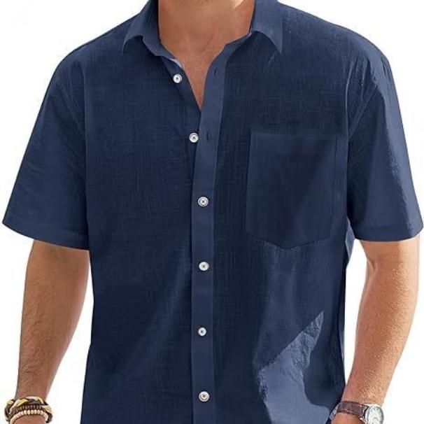 Men's Cotton Linen Short Sleeve Shirts Casual Lightweight Button Shirts Vacation Beach Summer Tops with Pocket