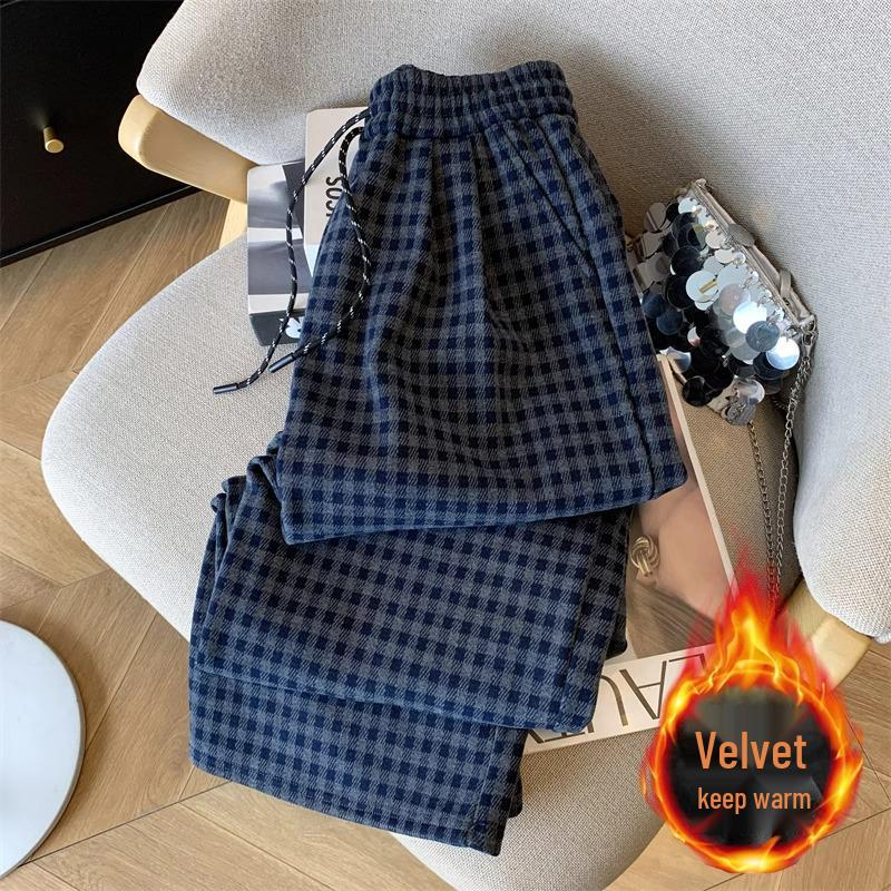 Women's Navy Blue Plaid Fleece Pants - Autumn/Winter Petite Retro Drawstring, Casual Floor-Length Lazy Style.