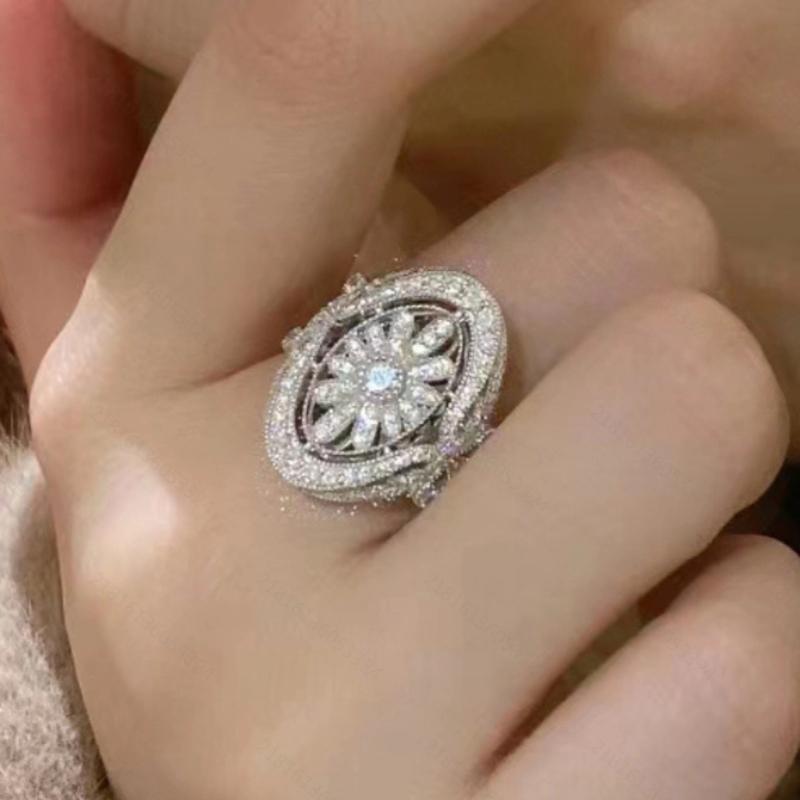 6-10 Size Luxurious Sparkling Inlaid Zircon Flower Oval Ring, Women's Able Wedding Banquet Accessories Jewelry