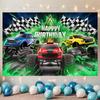 Bannière d'Anniversaire Monster Truck, Fond à Carreaux Flammes en Polyester pour Mur de Maison