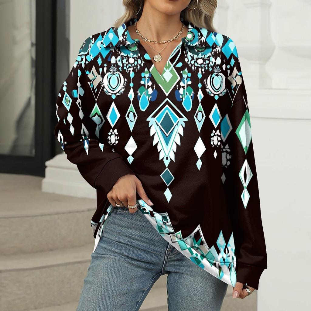 Women's Summer Fashion Casual  Printed V-Neck Long Sleeve Shirt Top