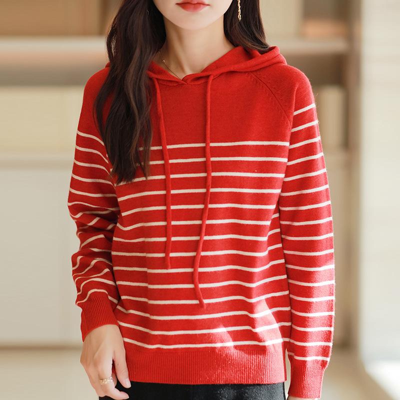 Autumn and Winter Hooded Sweater Women's Outer Thickened Fashion Knit Sweater Stripes Yanqi Thin Hooded Sweater